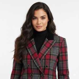 VTG Rena Rowan Saville Blazer Womens 14 Gray Red‎ Double Breasted Plaid Academia